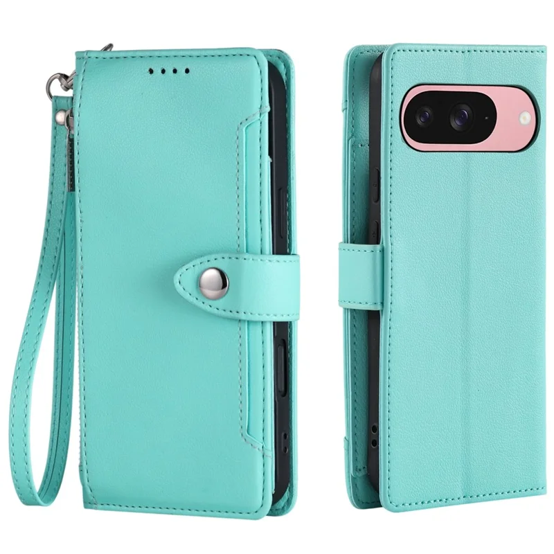 Wallet Case for Google Pixel 9  /  9 Pro  /  10  /  10 Pro Litchi Texture Zipper Pocket Stand Leather Flip Phone Cover with Wrist Strap - Mint Green