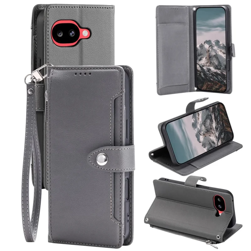 Wallet Case for Google Pixel 9a Litchi Texture Zipper Pocket Stand Leather Flip Phone Cover with Wrist Strap - Grey