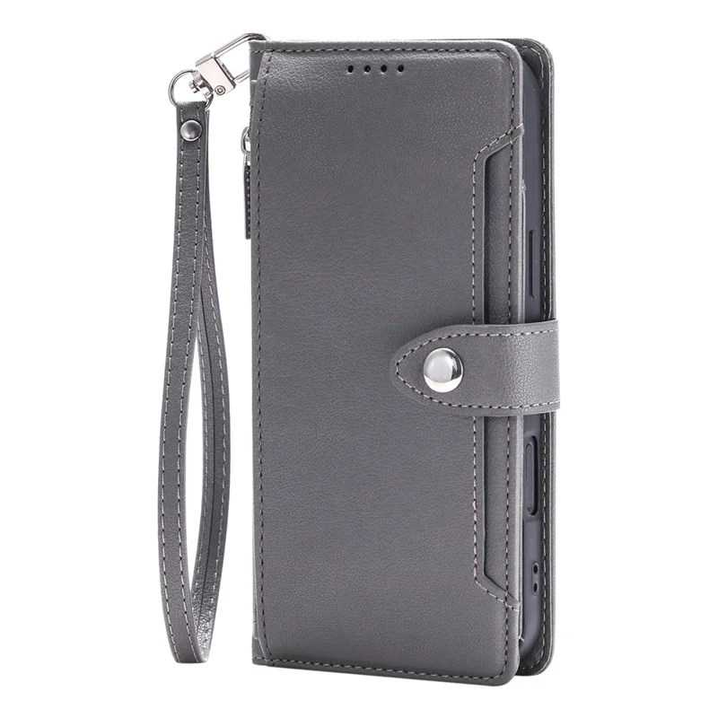 Wallet Case for Google Pixel 9a Litchi Texture Zipper Pocket Stand Leather Flip Phone Cover with Wrist Strap - Grey