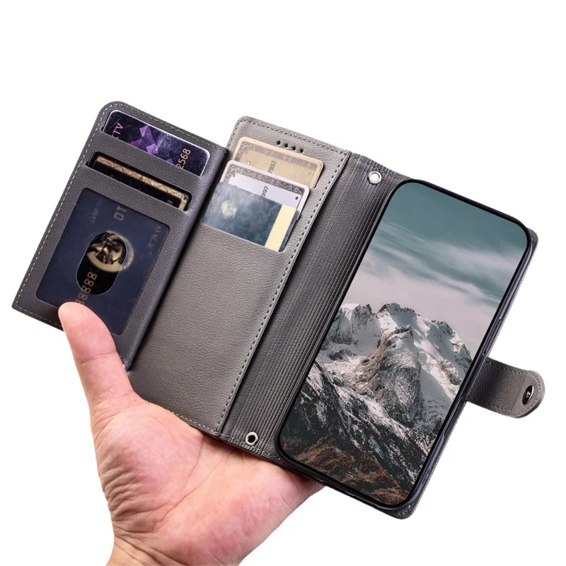 Wallet Case for Google Pixel 9a Litchi Texture Zipper Pocket Stand Leather Flip Phone Cover with Wrist Strap - Grey