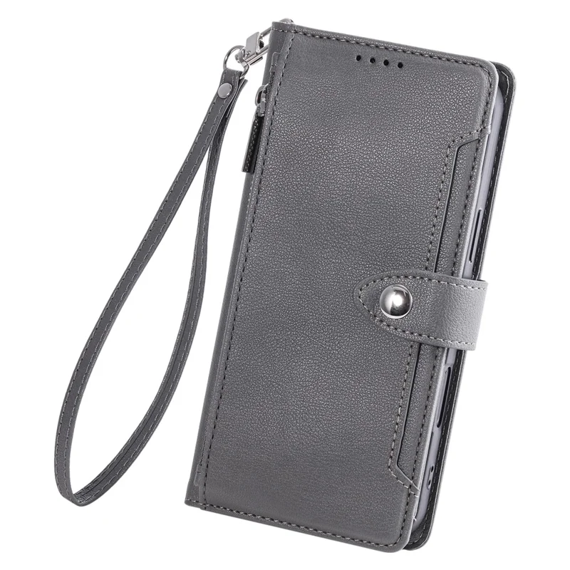 Wallet Case for Google Pixel 9a Litchi Texture Zipper Pocket Stand Leather Flip Phone Cover with Wrist Strap - Grey