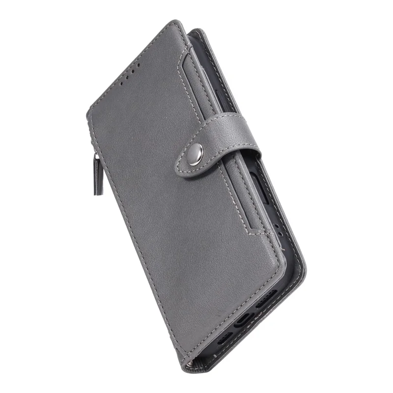 Wallet Case for Google Pixel 9a Litchi Texture Zipper Pocket Stand Leather Flip Phone Cover with Wrist Strap - Grey