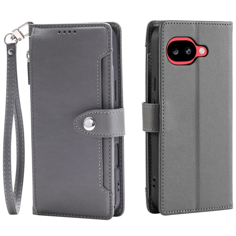 Wallet Case for Google Pixel 9a Litchi Texture Zipper Pocket Stand Leather Flip Phone Cover with Wrist Strap - Grey