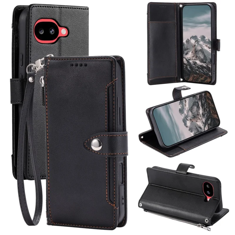 Wallet Case for Google Pixel 10a Litchi Texture Zipper Pocket Stand Leather Flip Phone Cover with Wrist Strap - Black