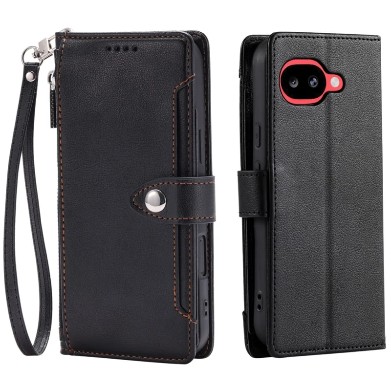 Wallet Case for Google Pixel 10a Litchi Texture Zipper Pocket Stand Leather Flip Phone Cover with Wrist Strap - Black