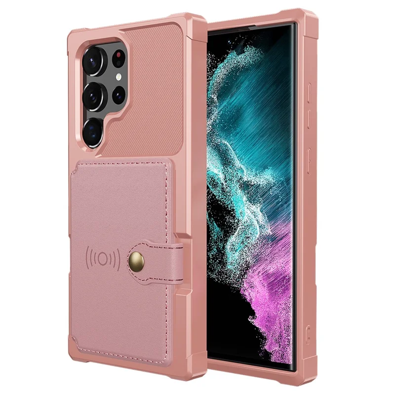 ZM03 For Samsung Galaxy S23 Ultra PU Leather Case Shockproof Card Slot Phone Cover with Magnetic Metal Sheet - Pink