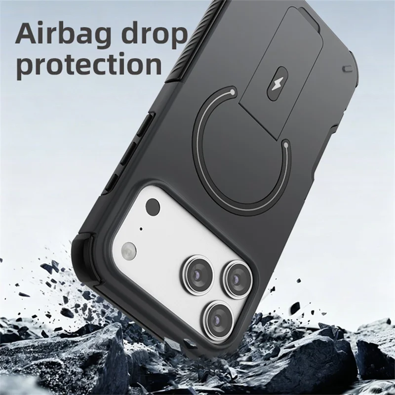 Чехол для iPhone 17 Pro, ударопрочный с системой воздушной подушки, из поликарбоната и TPU, с подставкой и кольцом-держателем — Черный