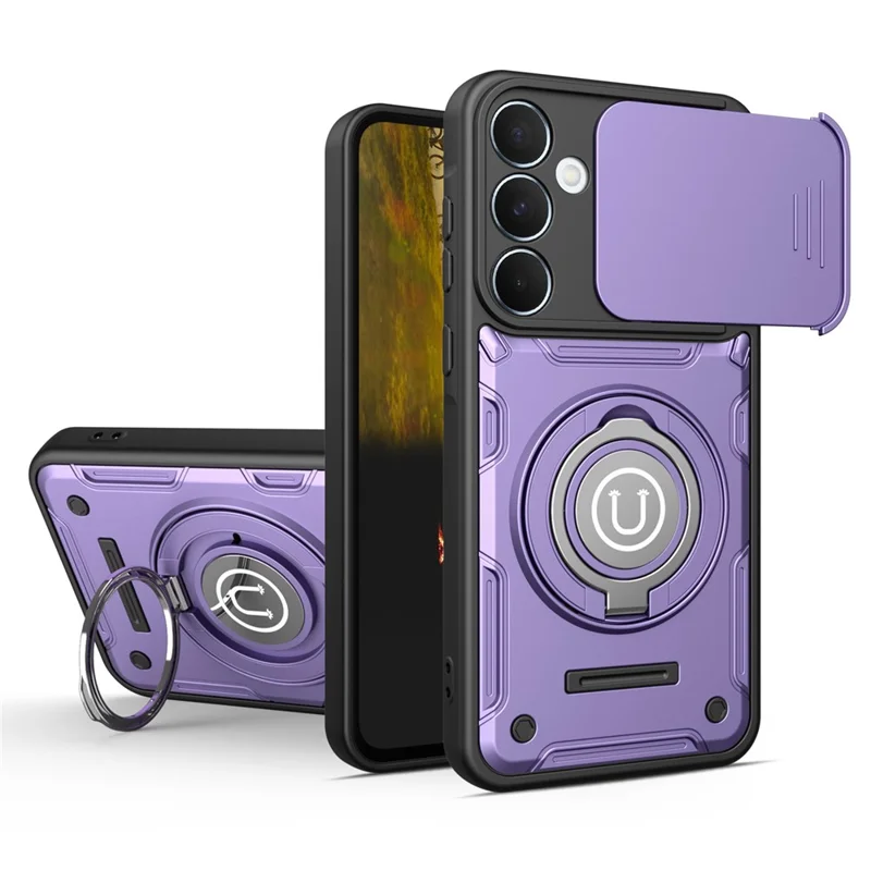 Samsung Galaxy S26 hoesje met schuifbare cameraafdekking, ringstandaard en PC + TPU telefoonhoesje - Paars