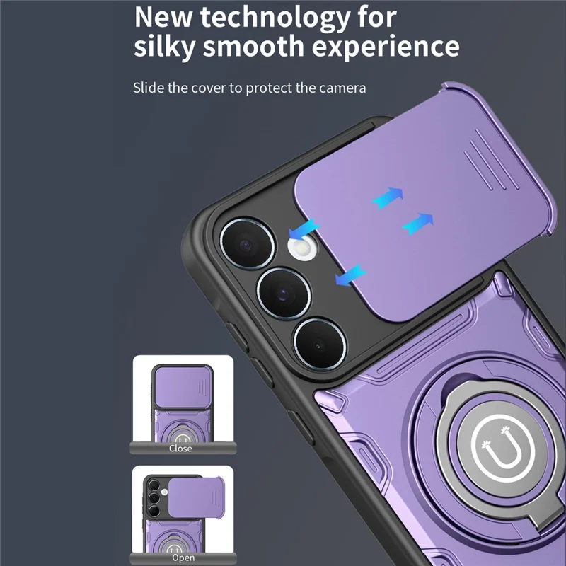 Samsung Galaxy S26 hoesje met schuifbare cameraafdekking, ringstandaard en PC + TPU telefoonhoesje - Paars