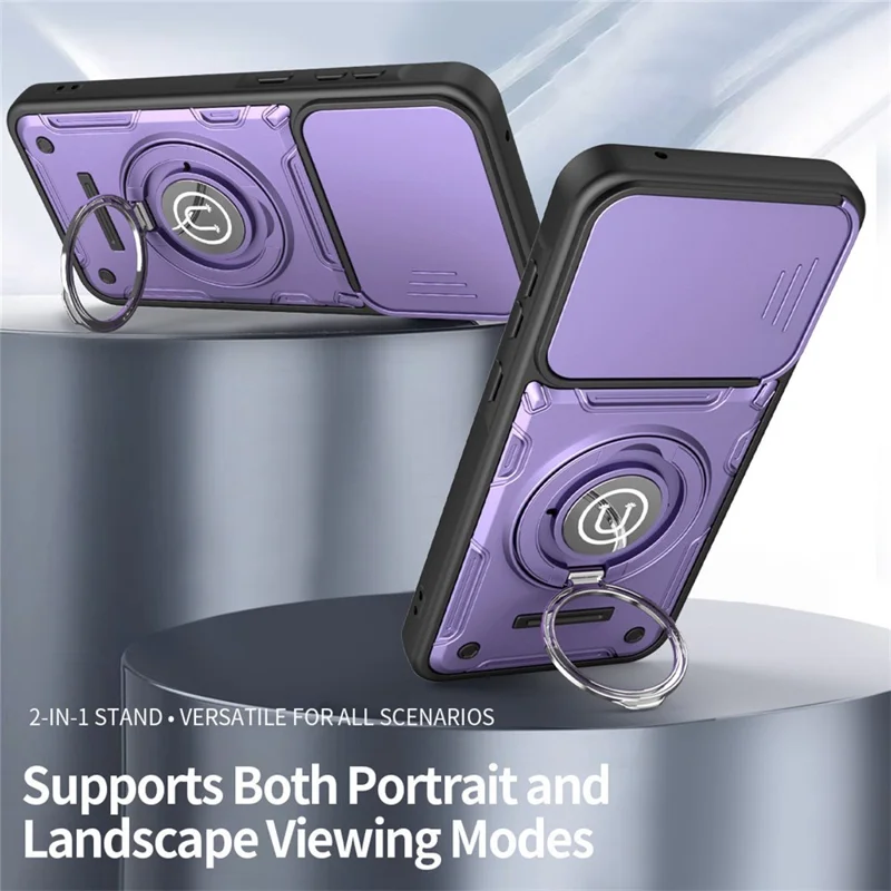 Samsung Galaxy S26 hoesje met schuifbare cameraafdekking, ringstandaard en PC + TPU telefoonhoesje - Paars