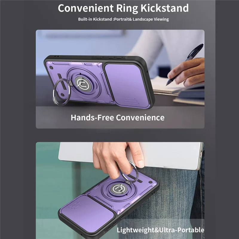 Samsung Galaxy S26 hoesje met schuifbare cameraafdekking, ringstandaard en PC + TPU telefoonhoesje - Paars