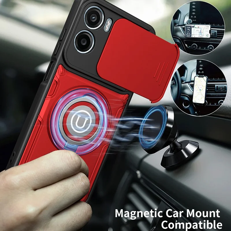 For Motorola Moto G06 4G / G06 Power 4G Case with Slide Camera Cover Ring Kickstand PC + TPU Phone Shell - Red