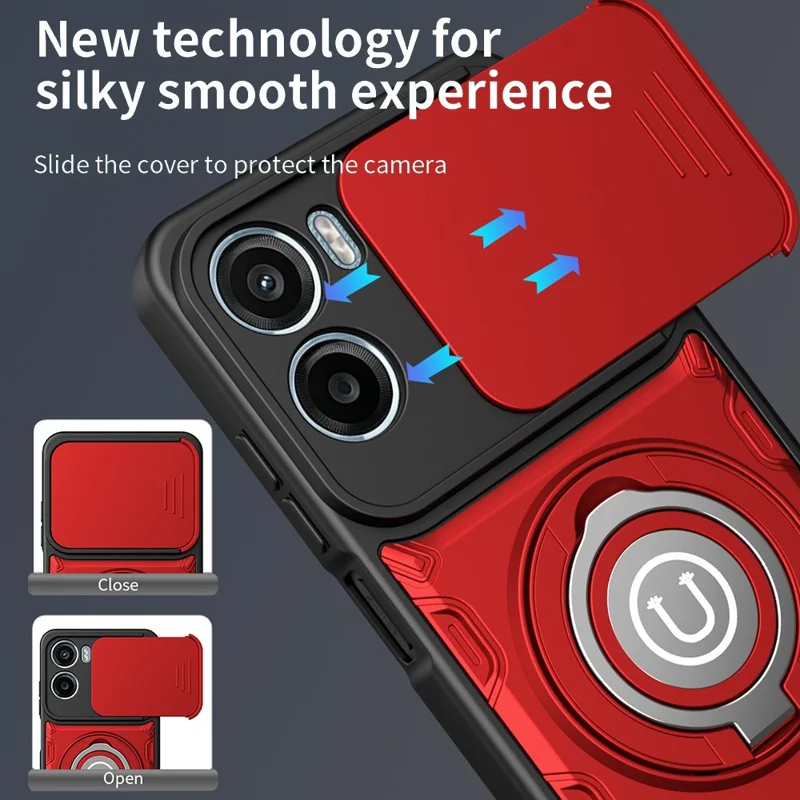 For Motorola Moto G06 4G / G06 Power 4G Case with Slide Camera Cover Ring Kickstand PC + TPU Phone Shell - Red