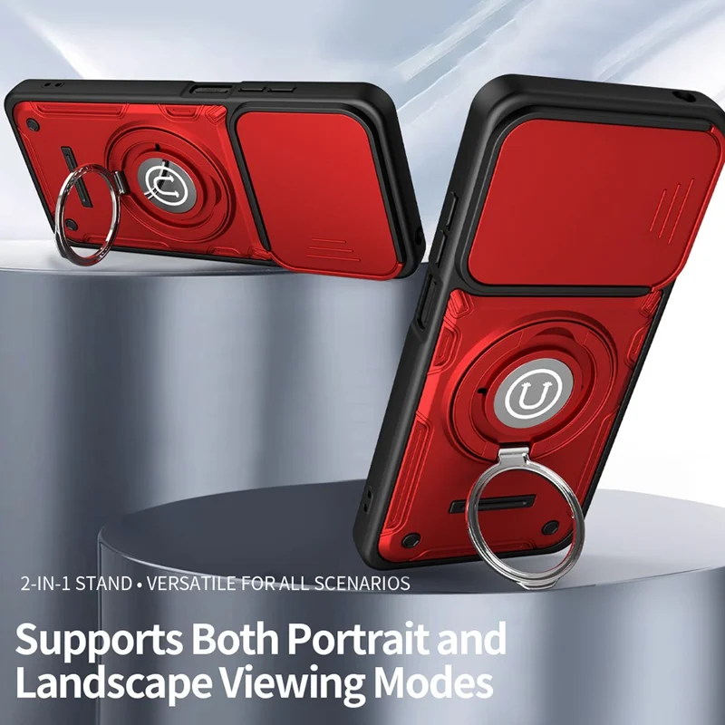 For Motorola Moto G06 4G / G06 Power 4G Case with Slide Camera Cover Ring Kickstand PC + TPU Phone Shell - Red