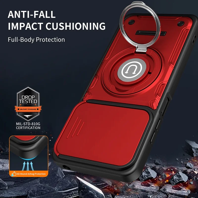 For Motorola Moto G06 4G / G06 Power 4G Case with Slide Camera Cover Ring Kickstand PC + TPU Phone Shell - Red
