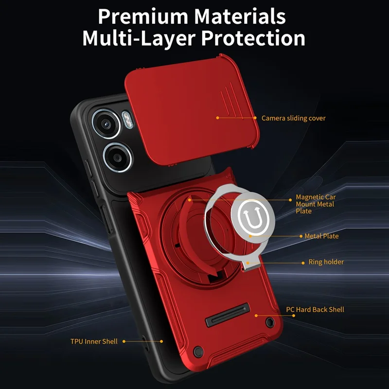 For Motorola Moto G06 4G / G06 Power 4G Case with Slide Camera Cover Ring Kickstand PC + TPU Phone Shell - Red