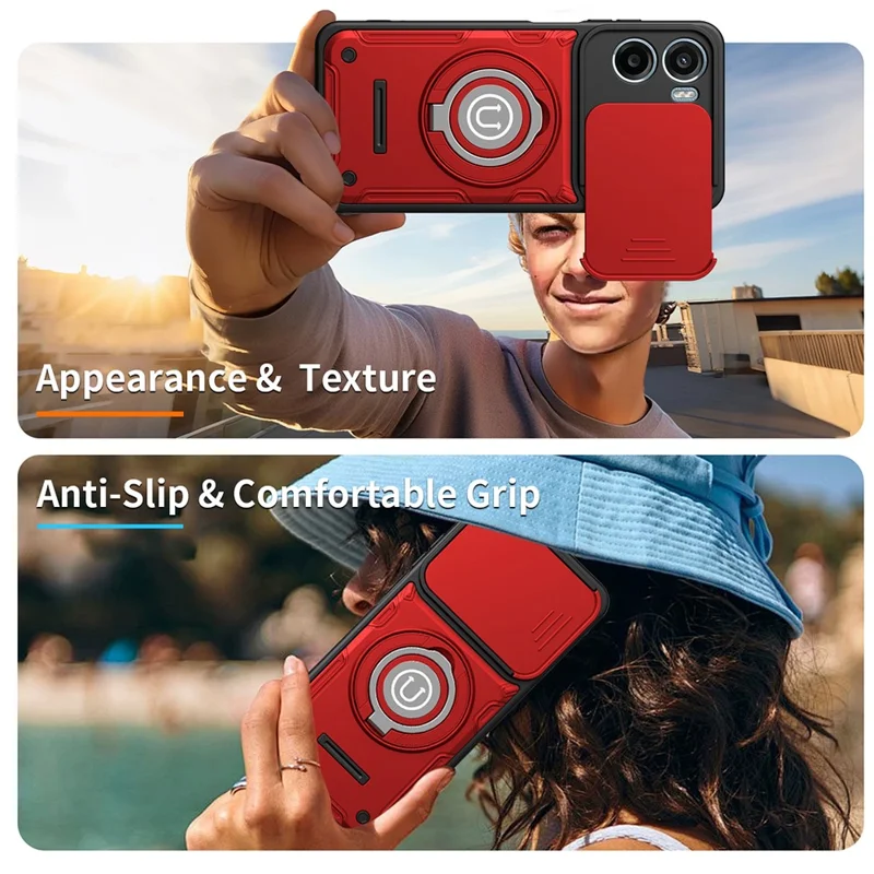 For Motorola Moto G06 4G / G06 Power 4G Case with Slide Camera Cover Ring Kickstand PC + TPU Phone Shell - Red