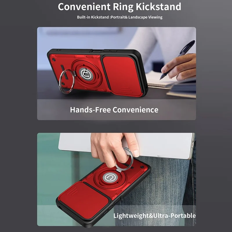 For Motorola Moto G06 4G / G06 Power 4G Case with Slide Camera Cover Ring Kickstand PC + TPU Phone Shell - Red