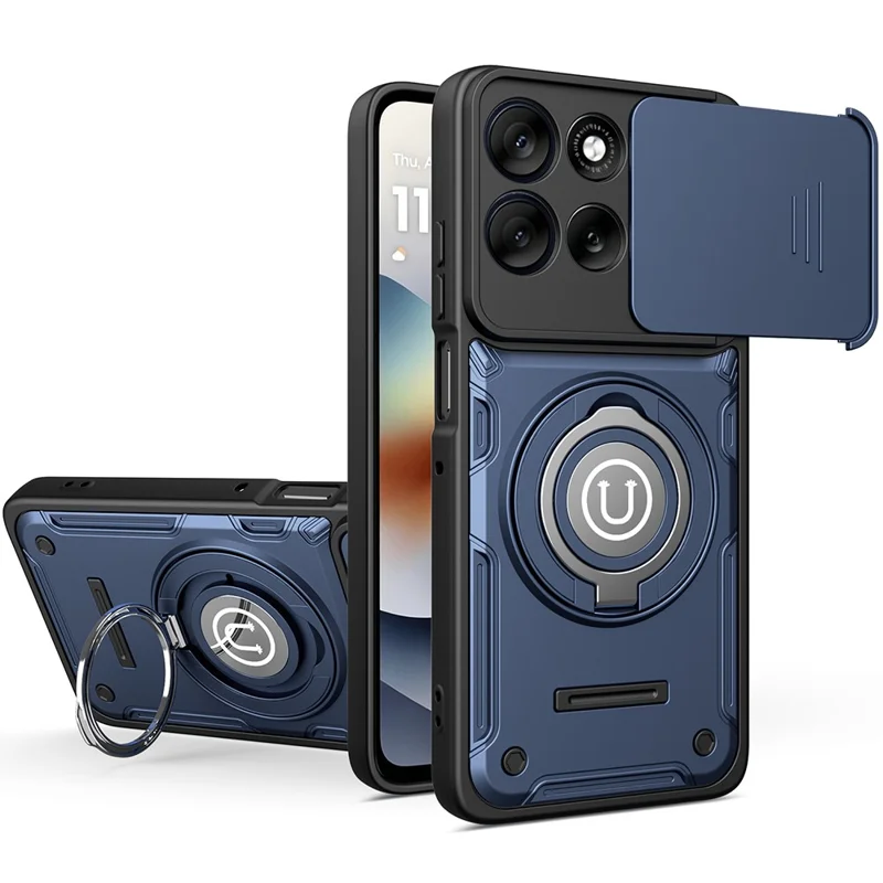 For Motorola Moto G56 5G Case with Slide Camera Cover Ring Kickstand PC + TPU Phone Shell - Dark Blue
