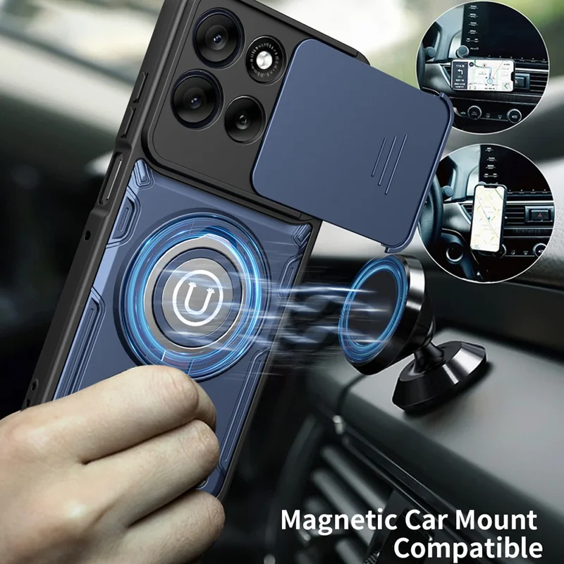 For Motorola Moto G56 5G Case with Slide Camera Cover Ring Kickstand PC + TPU Phone Shell - Dark Blue
