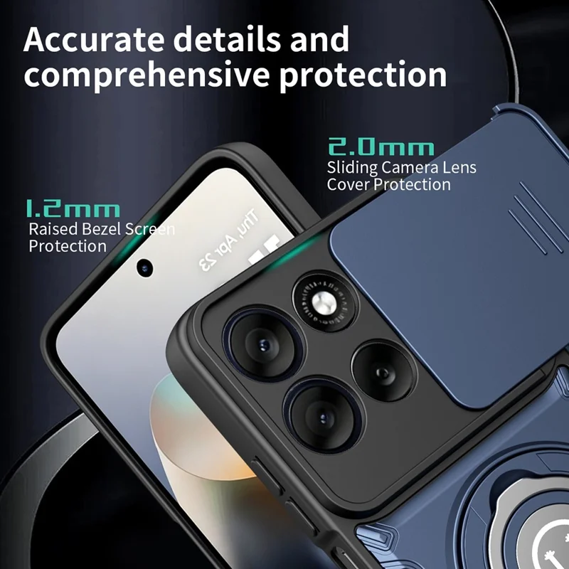 For Motorola Moto G56 5G Case with Slide Camera Cover Ring Kickstand PC + TPU Phone Shell - Dark Blue