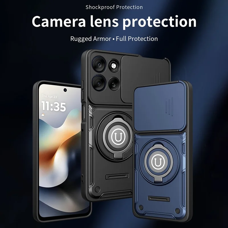 For Motorola Moto G56 5G Case with Slide Camera Cover Ring Kickstand PC + TPU Phone Shell - Dark Blue