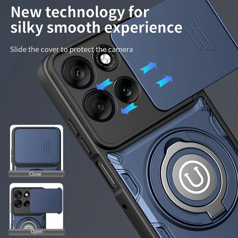 For Motorola Moto G56 5G Case with Slide Camera Cover Ring Kickstand PC + TPU Phone Shell - Dark Blue