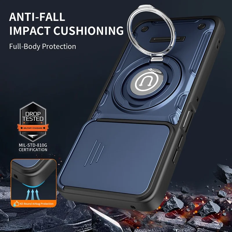 For Motorola Moto G56 5G Case with Slide Camera Cover Ring Kickstand PC + TPU Phone Shell - Dark Blue