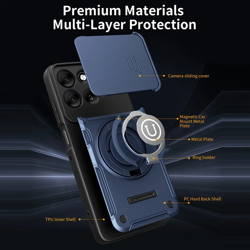 For Motorola Moto G56 5G Case with Slide Camera Cover Ring Kickstand PC + TPU Phone Shell - Dark Blue