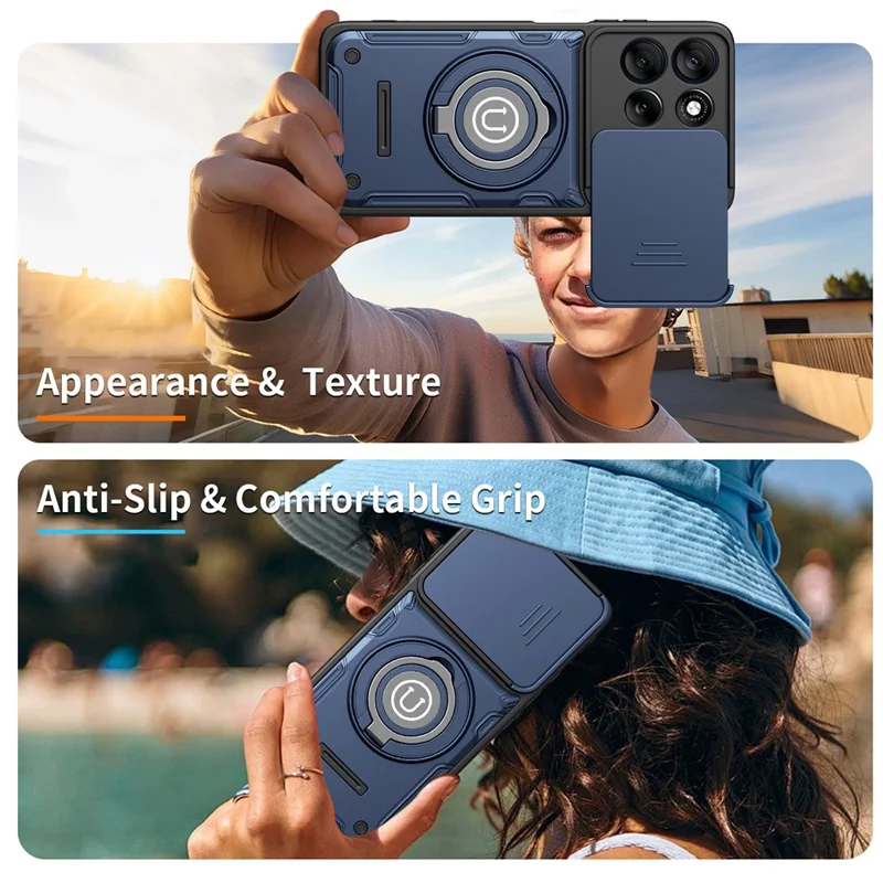 For Motorola Moto G56 5G Case with Slide Camera Cover Ring Kickstand PC + TPU Phone Shell - Dark Blue