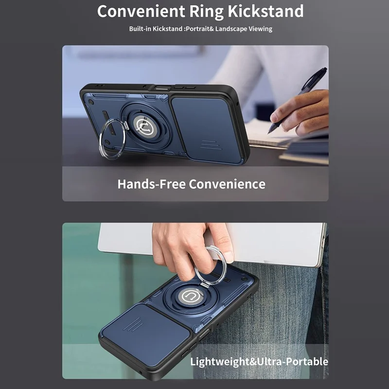 For Motorola Moto G56 5G Case with Slide Camera Cover Ring Kickstand PC + TPU Phone Shell - Dark Blue