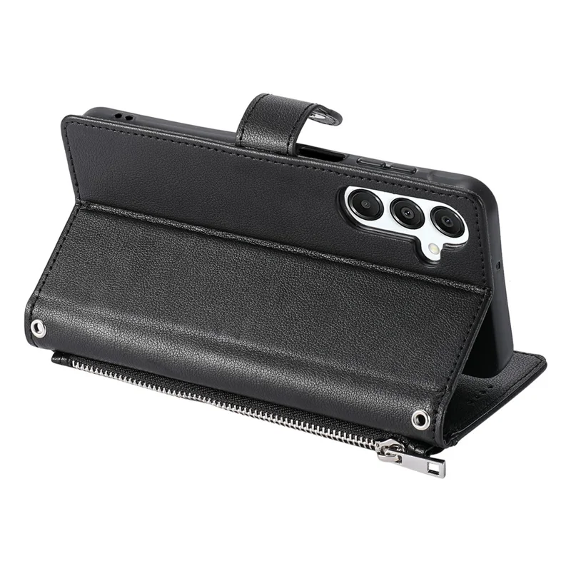 Wallet Case for Samsung Galaxy S24 FE Litchi Texture Zipper Pocket Stand Leather Flip Phone Cover with Wrist Strap - Black