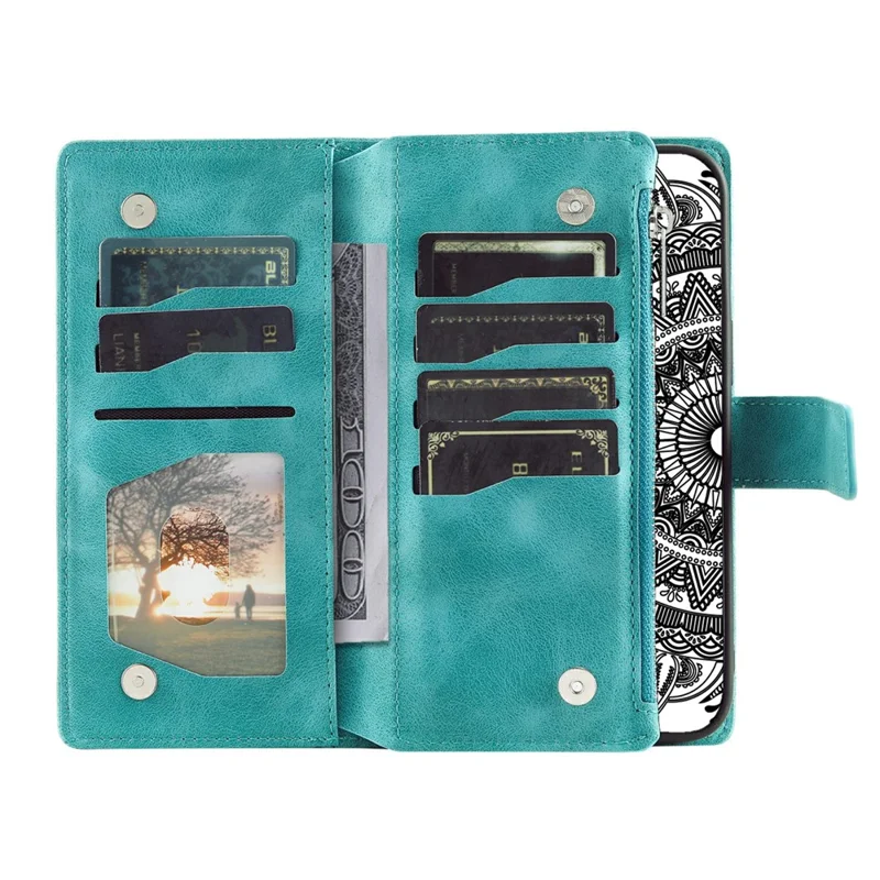 For Samsung Galaxy S26 FE Wallet Case Mandala Flower Pattern PU Leather Phone Cover with Wrist Strap - Mint Green