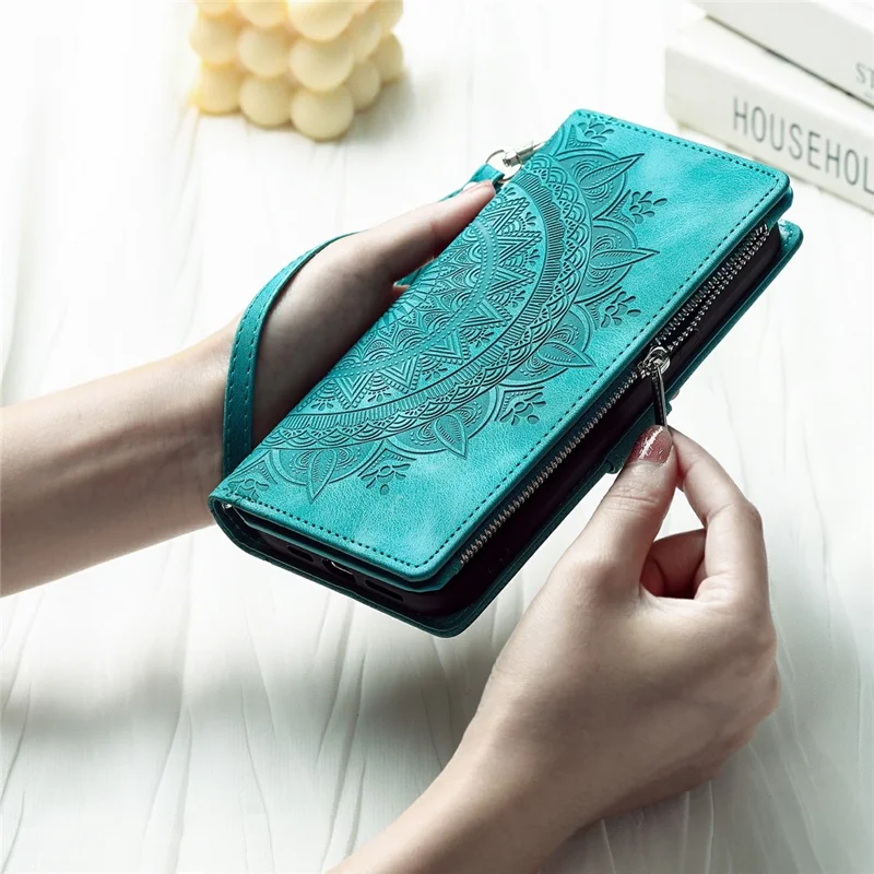 For Samsung Galaxy S26 FE Wallet Case Mandala Flower Pattern PU Leather Phone Cover with Wrist Strap - Mint Green