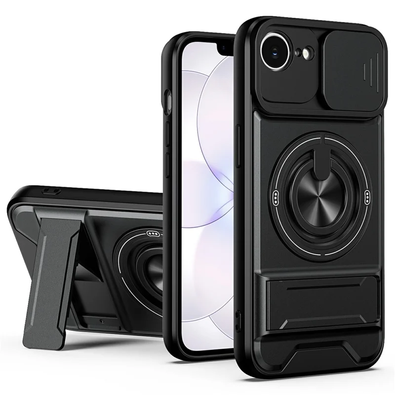 Funda magnética para iPhone 17e / 16e con soporte de anillo, soporte plegable TPU PC cubierta de teléfono con deslizador de lente de cámara - Negro