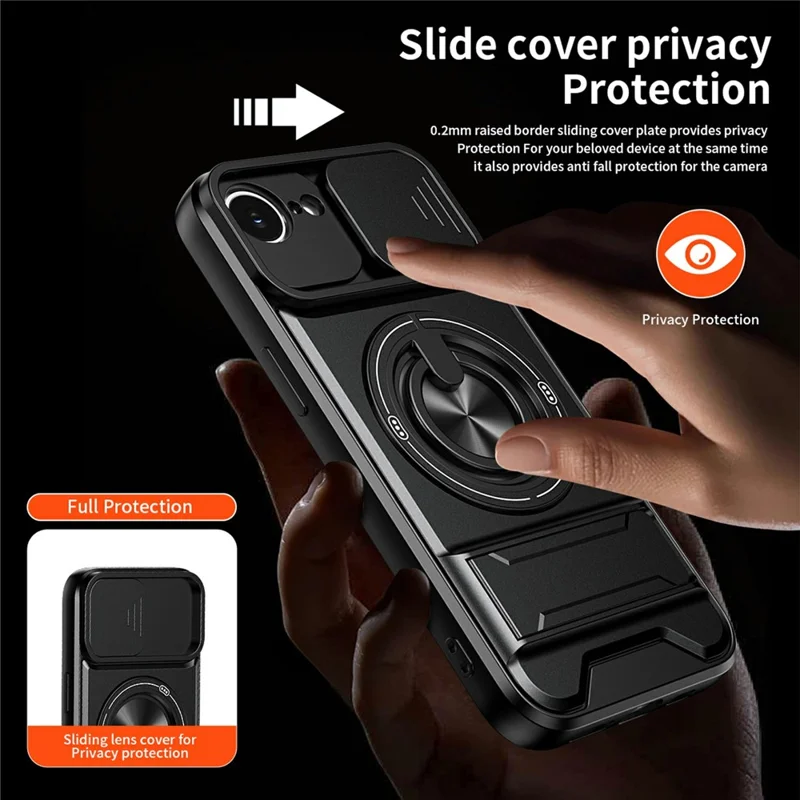 Funda magnética para iPhone 17e / 16e con soporte de anillo, soporte plegable TPU PC cubierta de teléfono con deslizador de lente de cámara - Negro