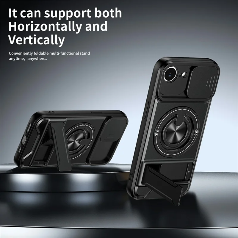 Funda magnética para iPhone 17e / 16e con soporte de anillo, soporte plegable TPU PC cubierta de teléfono con deslizador de lente de cámara - Negro