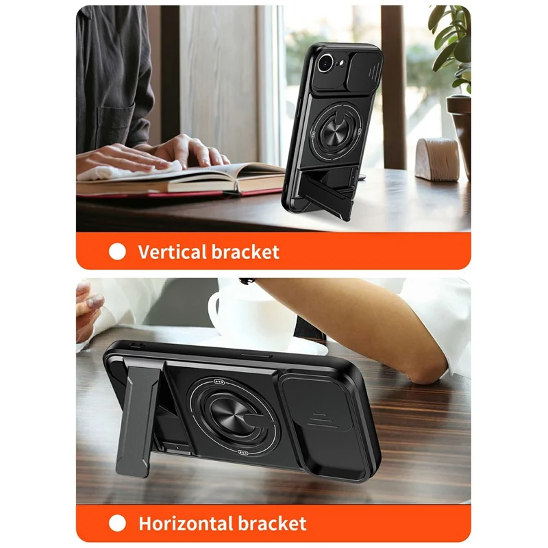 Funda magnética para iPhone 17e / 16e con soporte de anillo, soporte plegable TPU PC cubierta de teléfono con deslizador de lente de cámara - Negro