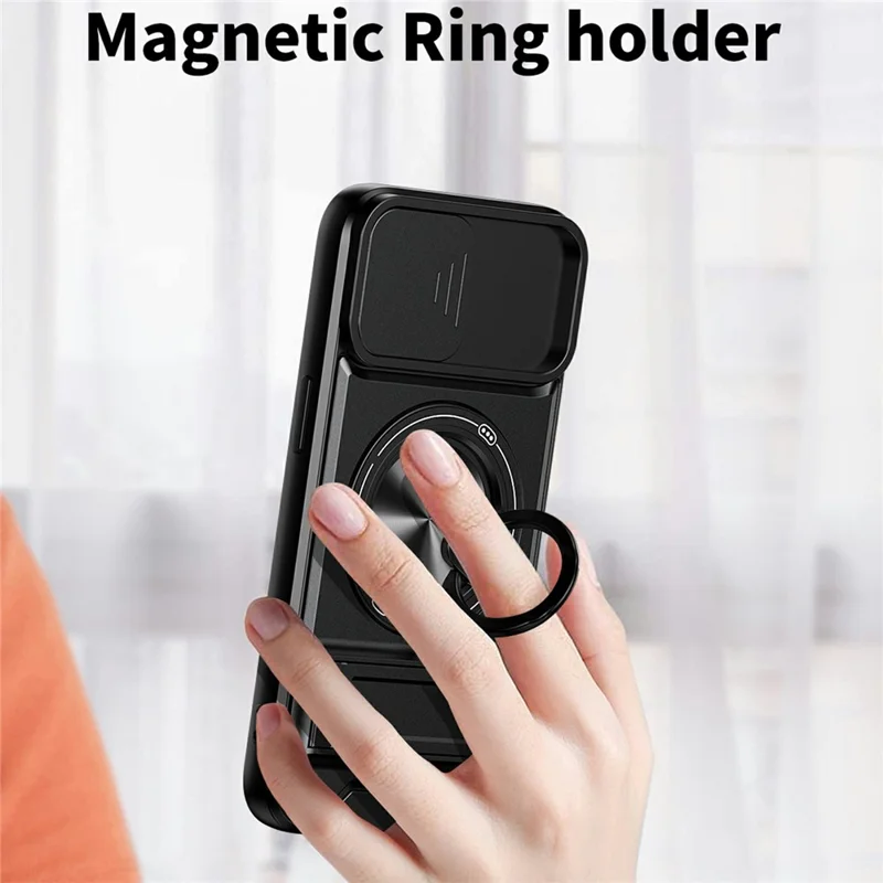 Funda magnética para iPhone 17e / 16e con soporte de anillo, soporte plegable TPU PC cubierta de teléfono con deslizador de lente de cámara - Negro