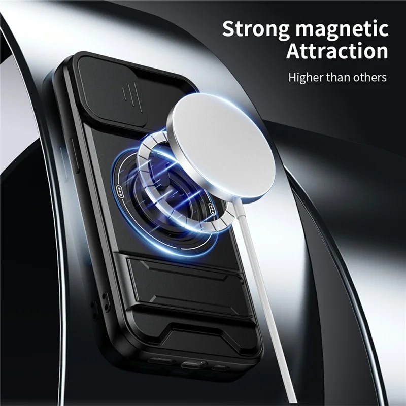 Funda magnética para iPhone 17e / 16e con soporte de anillo, soporte plegable TPU PC cubierta de teléfono con deslizador de lente de cámara - Negro