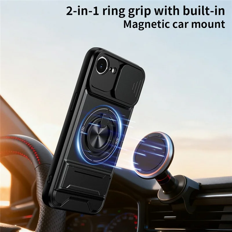 Funda magnética para iPhone 17e / 16e con soporte de anillo, soporte plegable TPU PC cubierta de teléfono con deslizador de lente de cámara - Negro