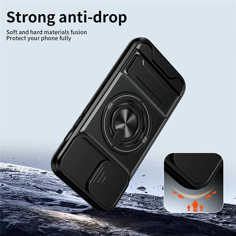 Funda magnética para iPhone 17e / 16e con soporte de anillo, soporte plegable TPU PC cubierta de teléfono con deslizador de lente de cámara - Negro