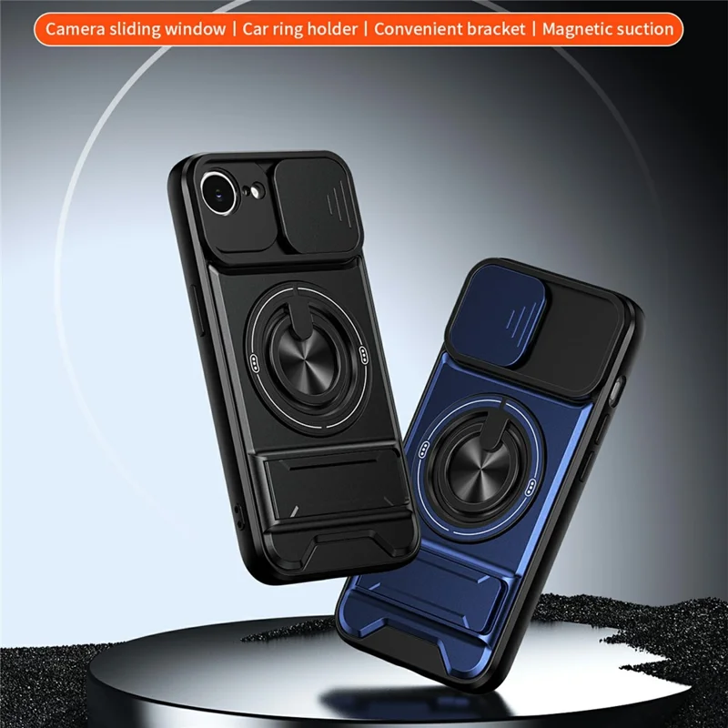 Funda magnética para iPhone 17e / 16e con soporte de anillo, soporte plegable TPU PC cubierta de teléfono con deslizador de lente de cámara - Negro