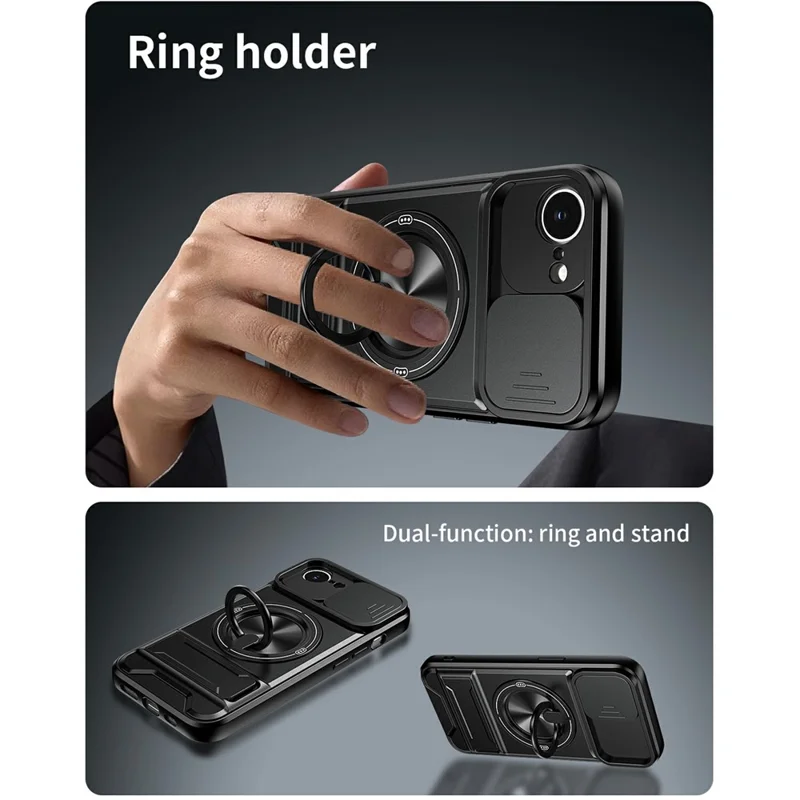 Funda magnética para iPhone 17e / 16e con soporte de anillo, soporte plegable TPU PC cubierta de teléfono con deslizador de lente de cámara - Negro