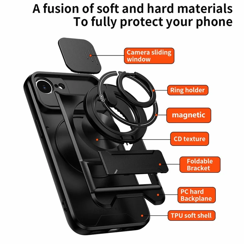 Funda magnética para iPhone 17e / 16e con soporte de anillo, soporte plegable TPU PC cubierta de teléfono con deslizador de lente de cámara - Negro