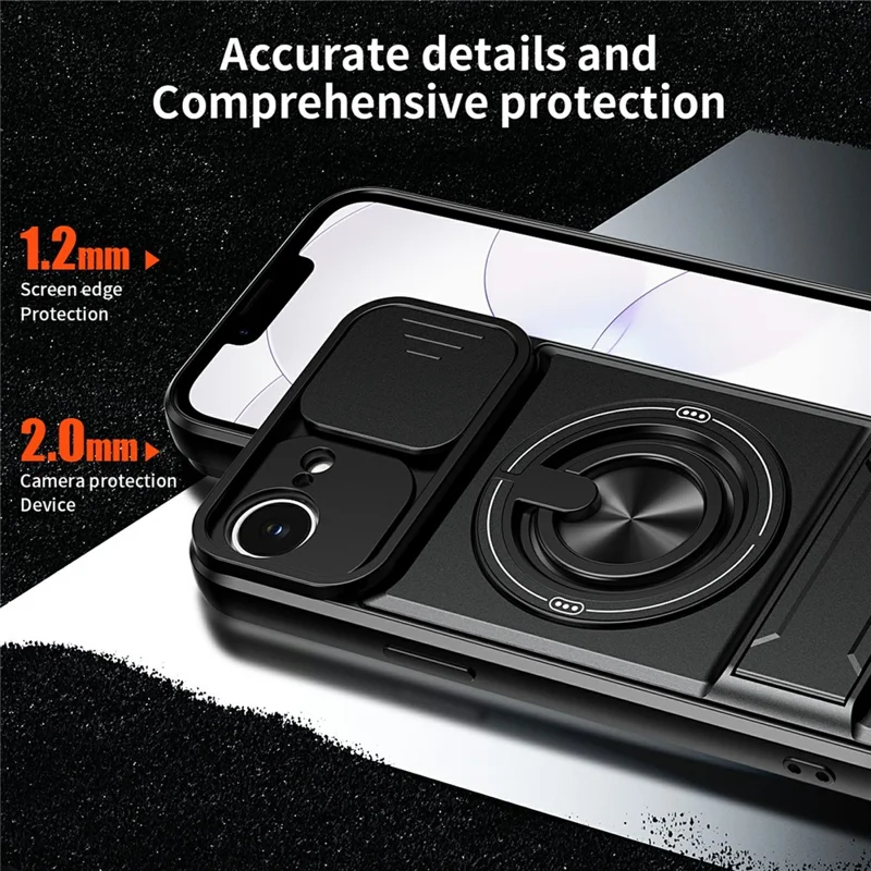 Funda magnética para iPhone 17e / 16e con soporte de anillo, soporte plegable TPU PC cubierta de teléfono con deslizador de lente de cámara - Negro