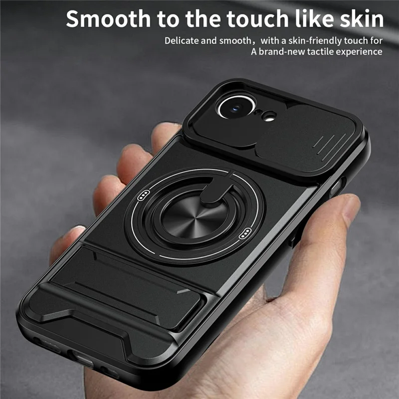 Funda magnética para iPhone 17e / 16e con soporte de anillo, soporte plegable TPU PC cubierta de teléfono con deslizador de lente de cámara - Negro