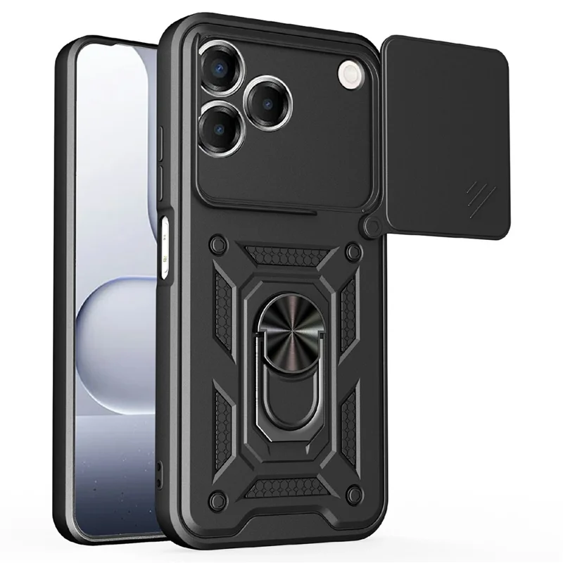 For ZTE Blade V80 Pro 4G Case with Slide Camera Lid PC + TPU Kickstand Phone Cover - Black