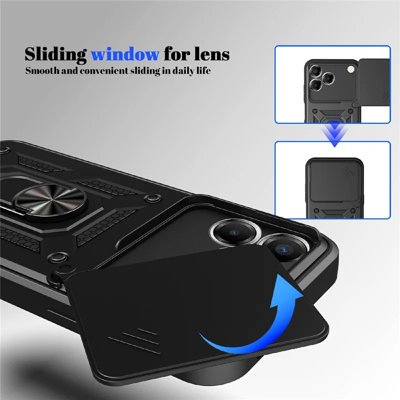For ZTE Blade V80 Pro 4G Case with Slide Camera Lid PC + TPU Kickstand Phone Cover - Black