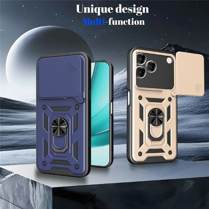 For ZTE Blade V80 Pro 4G Case with Slide Camera Lid PC + TPU Kickstand Phone Cover - Black